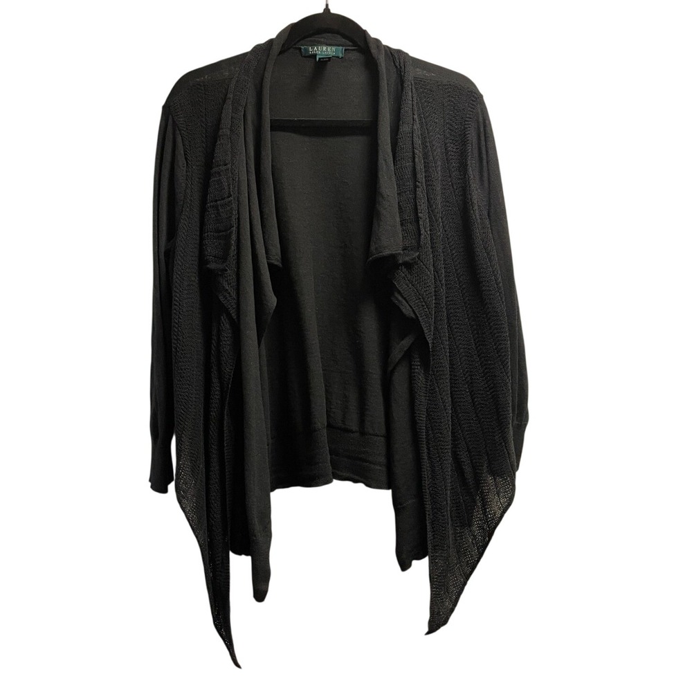 Lauren Ralph Lauren Cardigan Size L Black Linen Blend Open Front Drape Lagenlook